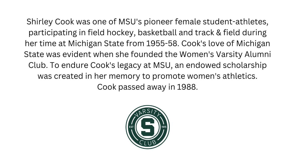 MSU_VarsityS's tweet image. #HallOfFameWednesday celebrates 2007 inductee, Shirley Cook, a pioneer female student-athlete in 3 sports @MSU_FieldHockey @MSU_WBasketball &amp;amp; @MSU_TFXC !!!

Listen to letter winner, Sally Belloli speak on behalf of her friend, Shirley Cook here...  youtube.com/watch?v=6boY7r…