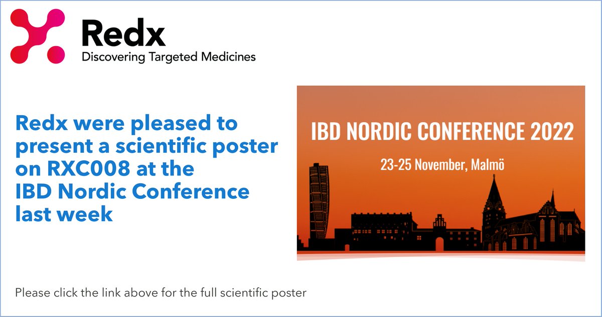 Redx were delighted to present a poster on RXC008, a GI-targeted ROCK inhibitor which suppresses fibrosis & tissue injury in models of Crohn’s disease last week at the IBD Nordic Conference. Click to view full poster: bit.ly/3Fd6nen #biotech #fibrosis #crohns