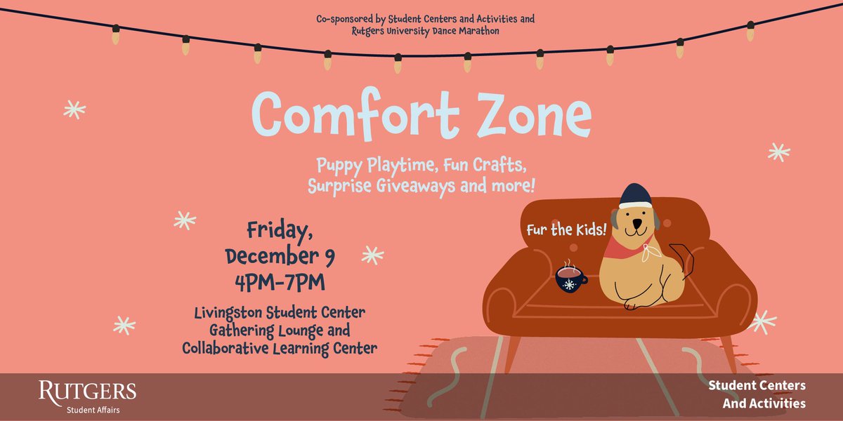 Come relax with us and the Rutgers University Dance Marathon at our Comfort Zone event on Fri., 10/9 from 4pm-7pm @ the Livingston Student Center. Unwind with comfort foods, fun crafts, surprise giveaways, and puppy playtime! 🐾 Follow us here for more fun events!