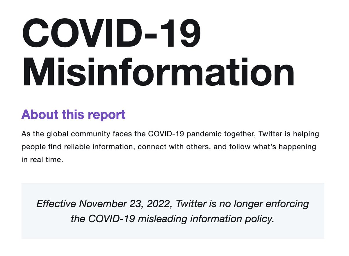 As of Nov 23rd, @Twitter is no longer enforcing the COVID-19 misleading information policy. Shame on <a href="/elonmusk/">Elon Musk</a> and @Policy .