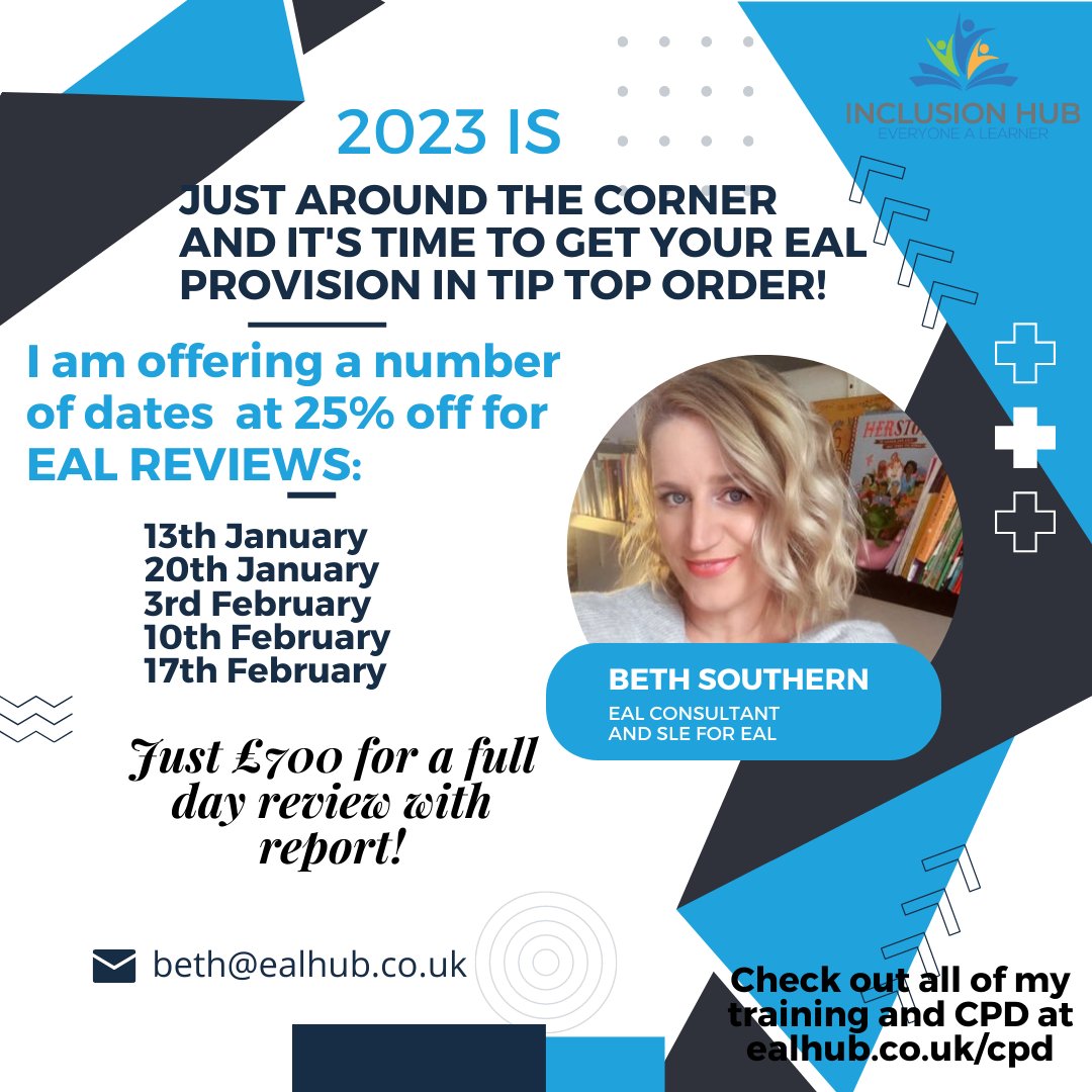 I've been busy this term offering EAL Reviews around the country.  Are you ready to put your EAL provision in the spotlight? Seen an increase in EAL learners? Are your staff ready? Setting welcoming? Know how you're assessing and tracking? 
GRAB A DISCOUNT DATE QUICK 👇👇Pls RT!