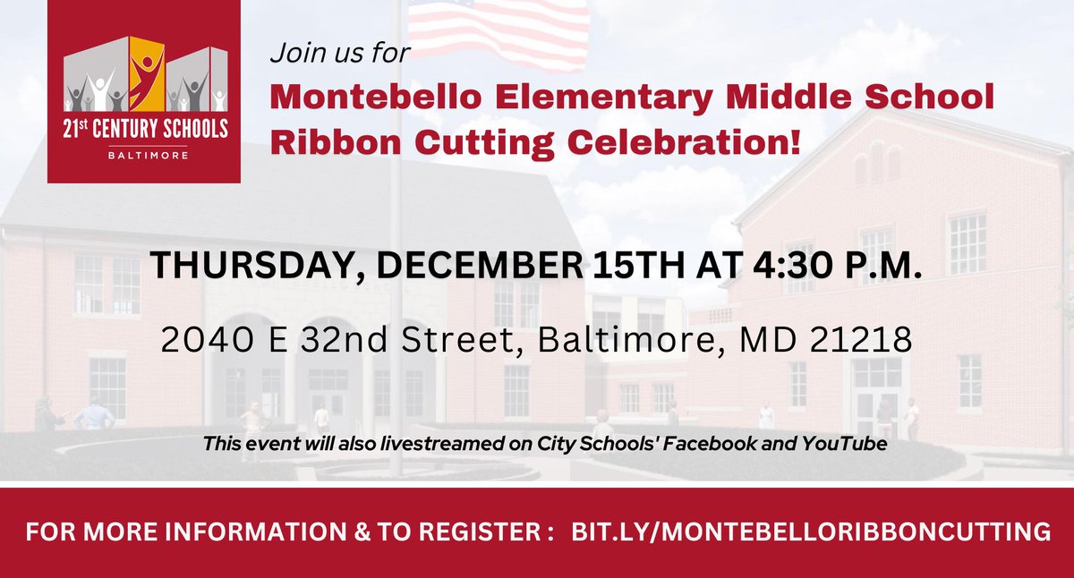 Join the fun on Thursday, December 15th at 4:30 p.m. to celebrate the opening of Montebello Elementary Middle School! 🎀✂️
Click the link below to register for the event!
bit.ly/MontebelloRibb…
This event will also be live-streamed on City Schools’ Facebook and YouTube.
🎉 🏫 🎉