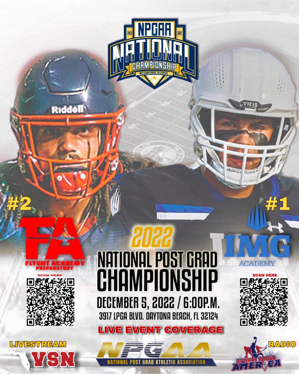 National Post Grad Athletic Association (@thenpgaa) on Twitter photo Let the count down begin as the NPGAA #1 @IMGFBPost_Grad & #2 <a href="/FlyghtPrepFB/">FlyghtPrepFootball</a> will look to battle it out for a chance to be crown champion. Who will it be, Who will stand the test and shine on the big stage. Be there or tune in: varsitysportsnetwork.org/npgaa-national… Let the count down begin as the NPGAA #1 @IMGFBPost_Grad & #2 <a href="/FlyghtPrepFB/">FlyghtPrepFootball</a> will look to battle it out for a chance to be crown champion. Who will it be, Who will stand the test and shine on the big stage. Be there or tune in: varsitysportsnetwork.org/npgaa-national…