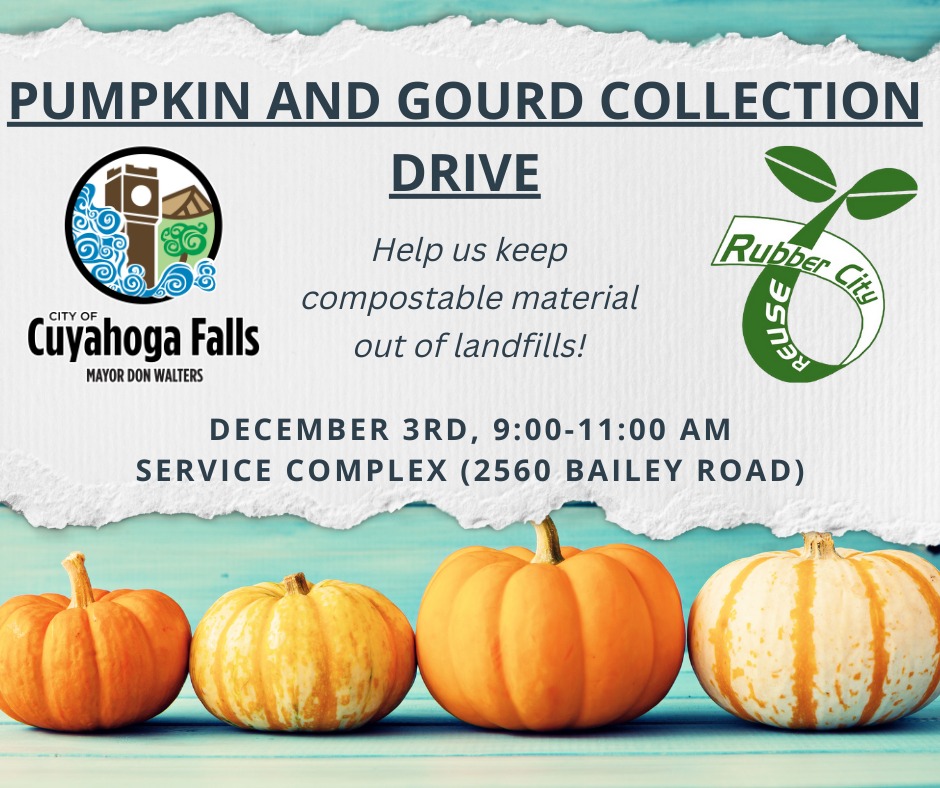 In partnership with Rubber City Reuse, the City of Cuyahoga Falls will host a pumpkin and gourd collection event on Saturday, December 3, 2022, from 9 a.m. to 11 a.m., at the Cuyahoga Falls Service Complex, 2560 Bailey Road.