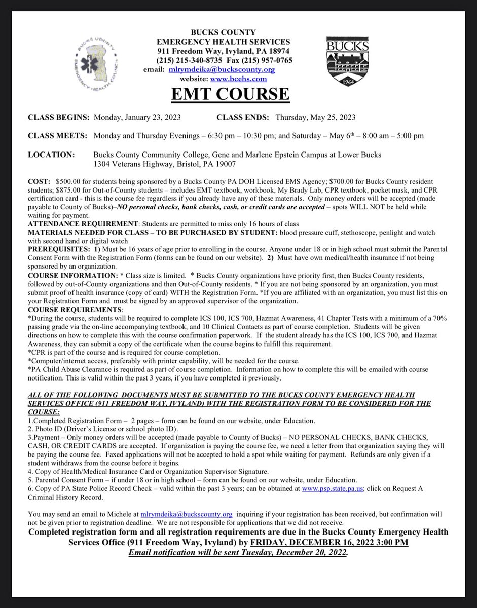 BucksEhs's tweet image. 2023 Winter EMT Classes are here! #EMScareer #LearnHowToSaveALife