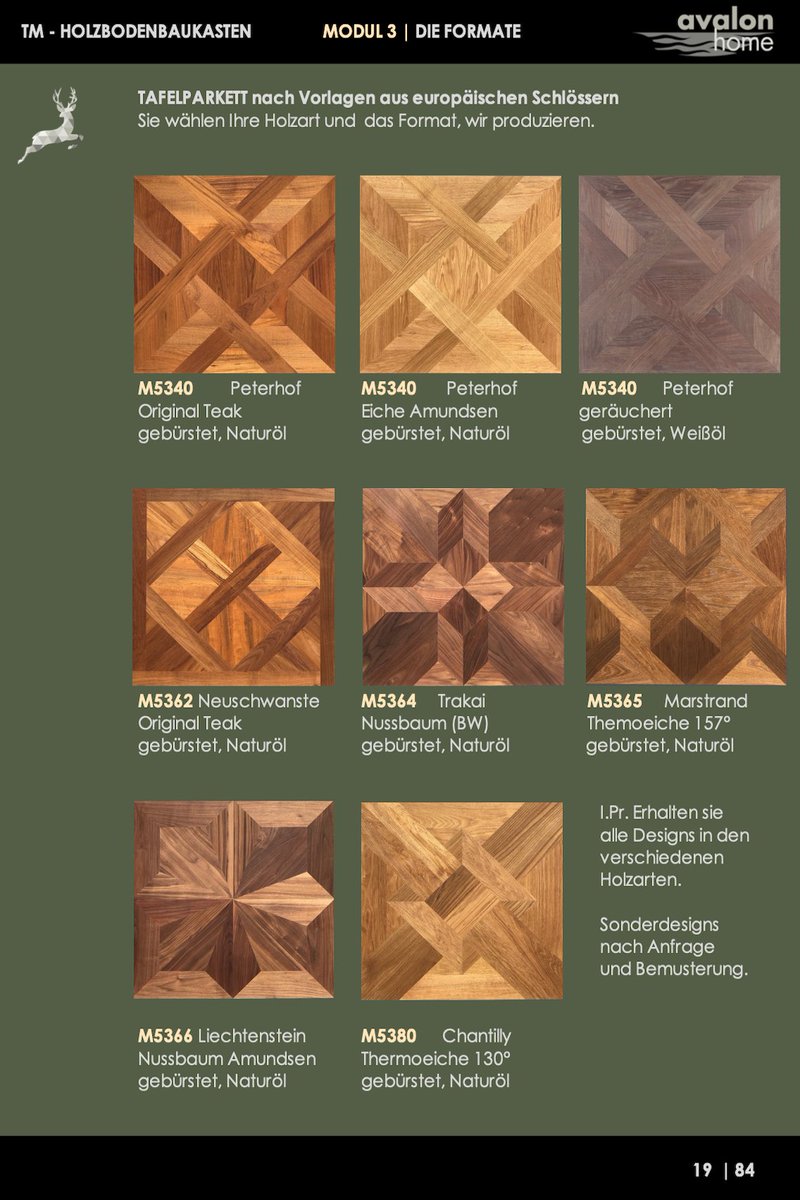 tm - Tafelparkett nach Maß gefertigt in verschiedenen Designs aus alten europäischen Schlössern. - Verschiedene Holzarten und Oberflächen.
tm - panel parquet made to measure in various designs from old European castles. - Different types of wood and surfaces.