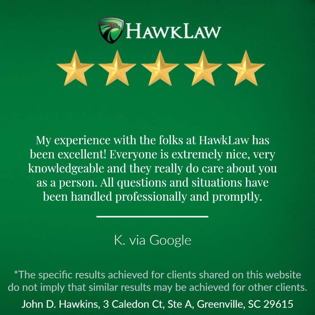 gohawklaw's tweet photo. Thank you, K! We appreciate your kind review! We strive to provide every client with an amazing client experience! HawkLaw Fights! 
📞 864-333-3333 📞 854-333-3333 📞 803-333-3333
#caraccident #carwreckinjury #southcarolina #hawklaw #hawklawfights https://t.co/aYXTFfW6Da