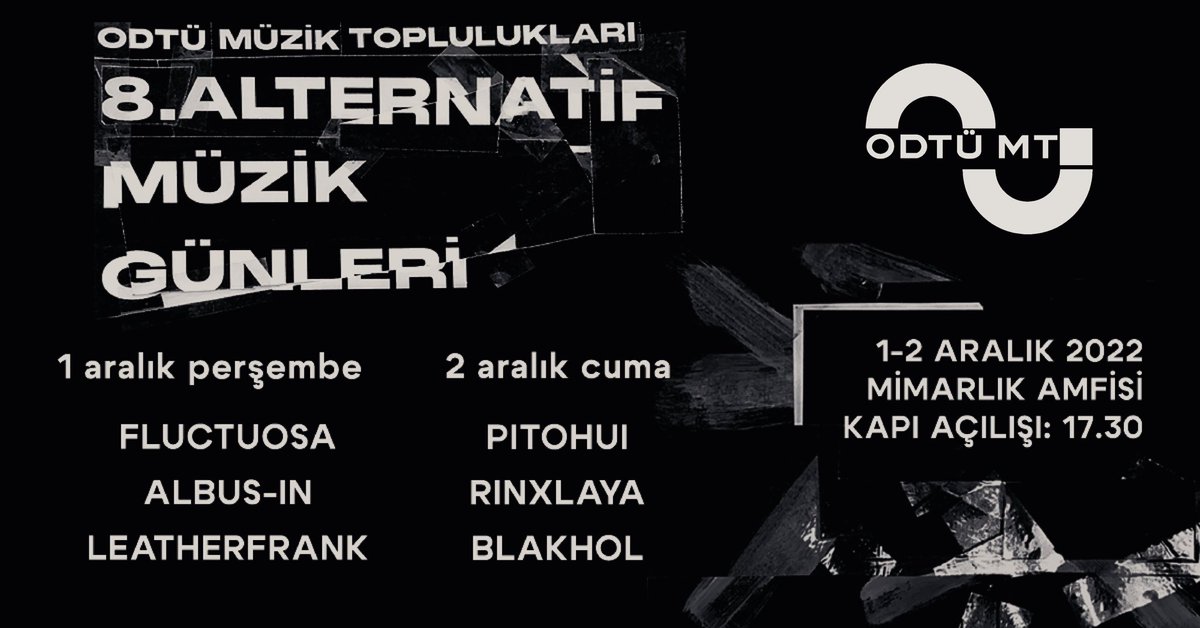 Bu sene 8.sini düzenleyeceğimiz Alternatif Müzik Günleri, 1-2 Aralık tarihlerinde Mimarlık Amfisinde gerçekleşecek! Detaylı bilgi için instagram hesabımızı kontrol edebilirsiniz. instagram.com/odtumt?igshid=…