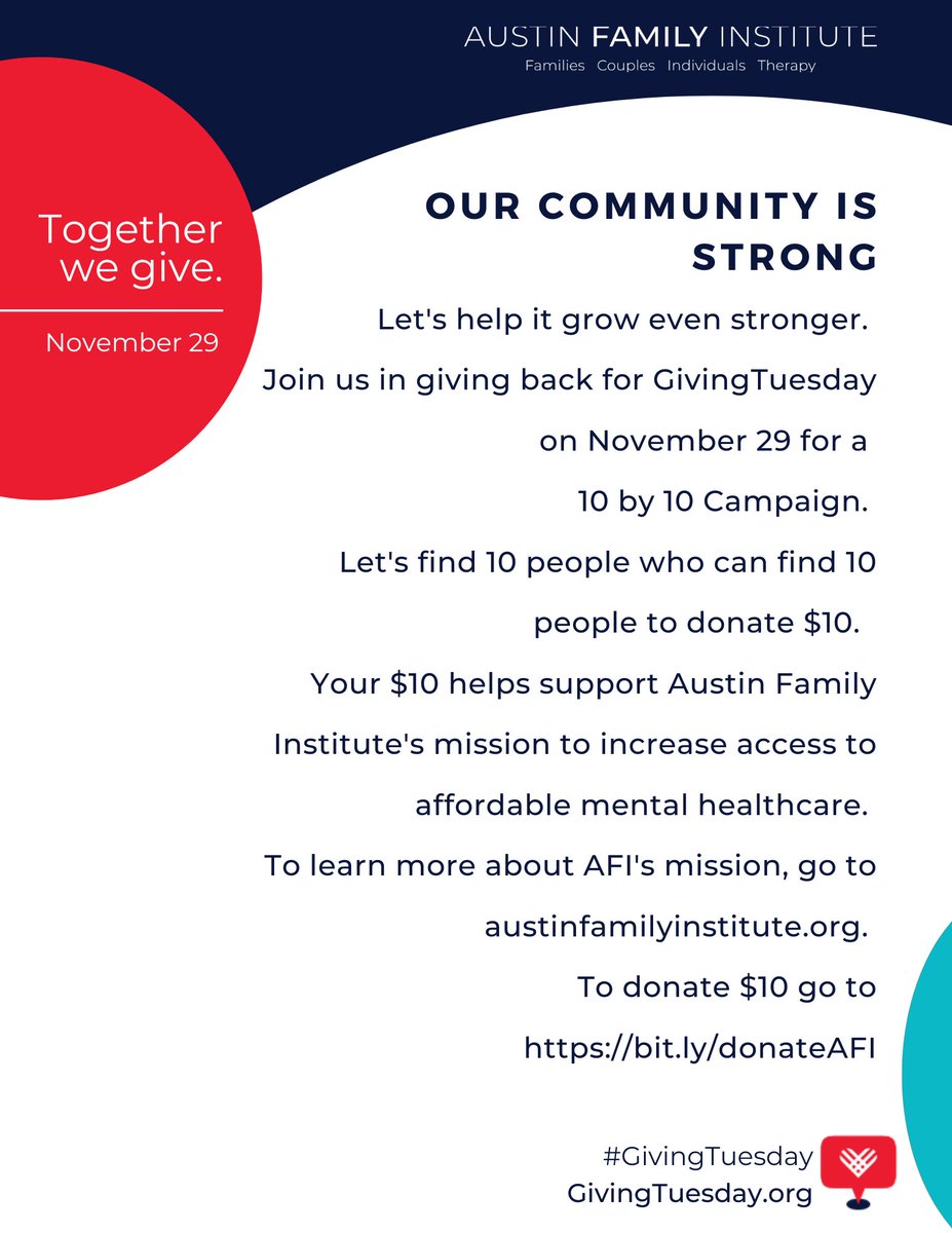 AFItherapy's tweet photo. Today is #givingtuesday, a worldwide day of giving!

Help us find 10 people who can find 10 people to donate $10. Your $10 helps support Austin Family Institute's mission to increase access to affordable mental healthcare in our community. To donate, go to https://t.co/QgcUumryyG https://t.co/LipsbxQFI3