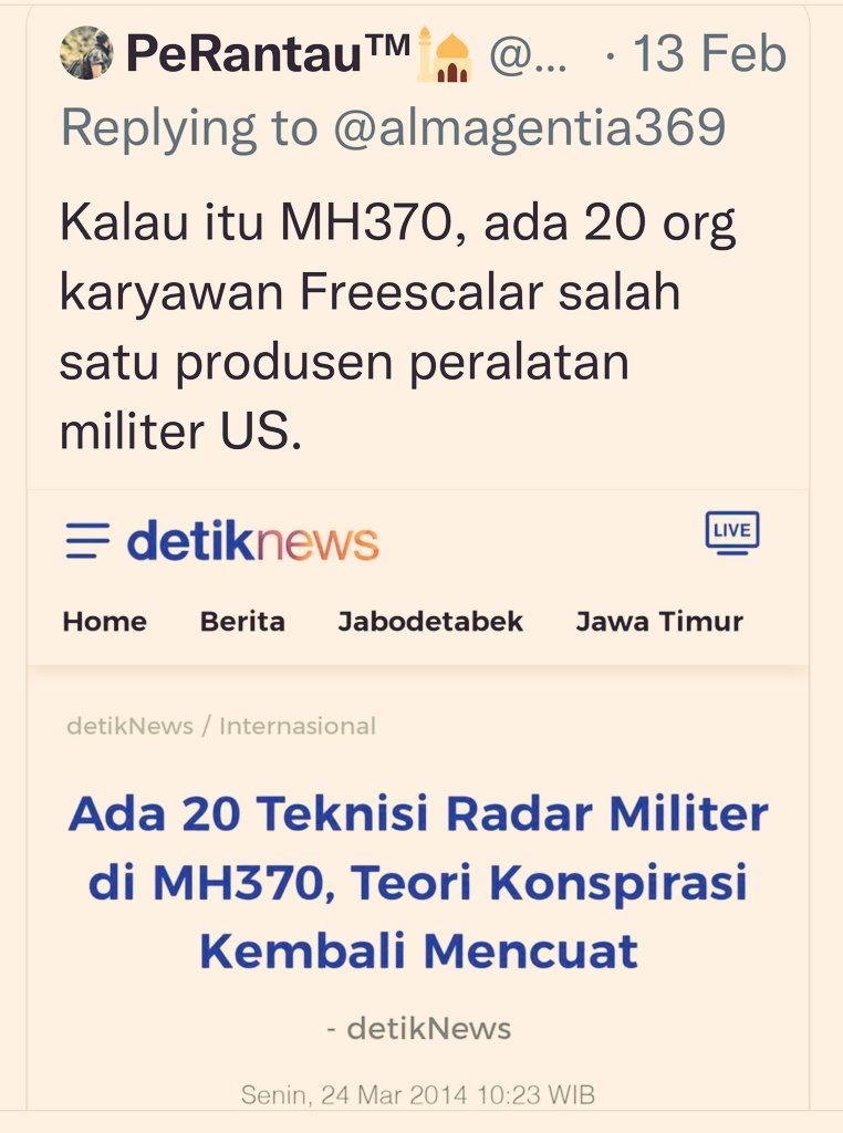 FaiNomady's tweet photo. Ingat MH370 yg hilang misterius? dimana ada 20 teknisi semiconductor hebat dlm pesawat tsb. Itu versi media. Dikatakan diduga terkait adanya teori konspirasi.🤔
Bukti mengatakan lain...
Ada sesuatu yg lebih hebat dari berita tsb!
Silahkan simak utas ini...
⬇️⬇️⬇️ https://t.co/V9n69lqwgv