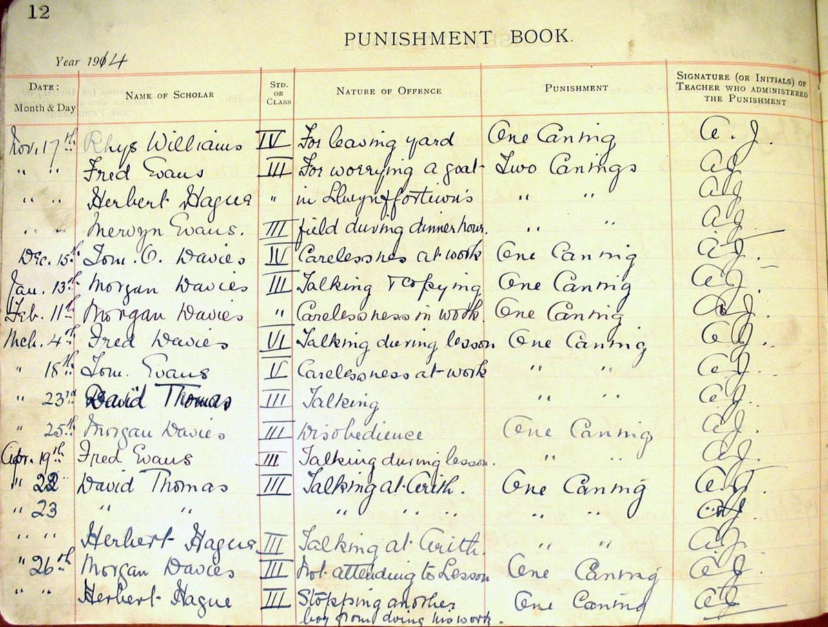 ArchifauCymru's tweet photo. I'r rhai sydd heb beiriant amser, mae dyddiaduron a llyfrau log yn ffordd wych o gamu'n ôl mewn amser. Mae'r llyfr cosb ysgol yma o 1914 yn #ArchifauSirGaerfyrddin yn rhestru'r gosb am droseddau fel 'Siarad + copïo', 'Anufudd-dod' a 'Pryderu gafr' #ArchifauCymru #EYATime https://t.co/UupttHwtV1