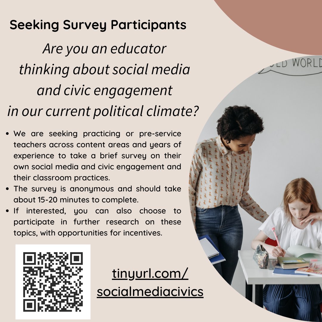 Are you a pre-service or practicing teacher interested in social media and civic engagement? We want to learn from you as we navigate current social media shifts 😂 and political climates. Please consider participating: tinyurl.com/socialmediaciv…
