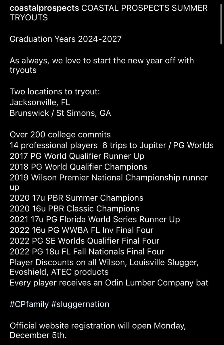 CoastalCanesSE's tweet photo. COASTAL PROSPECTS SUMMER TRYOUTS

Graduation Years 2024-2027

As always, we love to start the new year off with tryouts

Two locations to tryout:
Jacksonville, FL
Brunswick / St Simons, GA  
#CPfamily #sluggernation

Official website registration will open Monday, December 5th. https://t.co/2nI9HWio3T