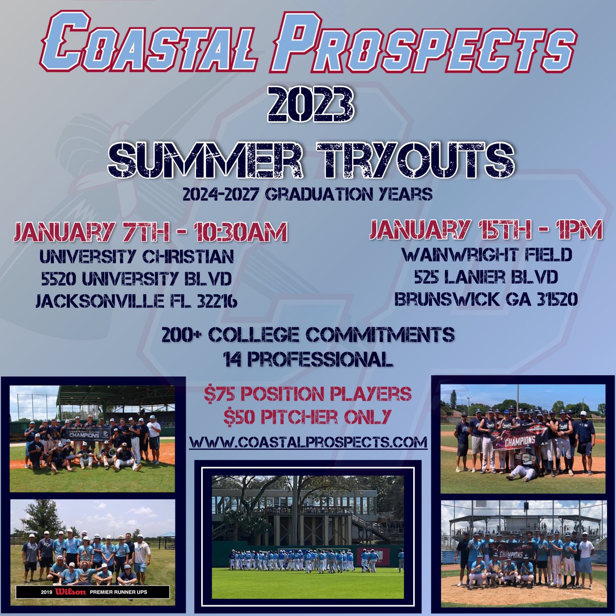 CoastalCanesSE's tweet photo. COASTAL PROSPECTS SUMMER TRYOUTS

Graduation Years 2024-2027

As always, we love to start the new year off with tryouts

Two locations to tryout:
Jacksonville, FL
Brunswick / St Simons, GA  
#CPfamily #sluggernation

Official website registration will open Monday, December 5th. https://t.co/2nI9HWio3T