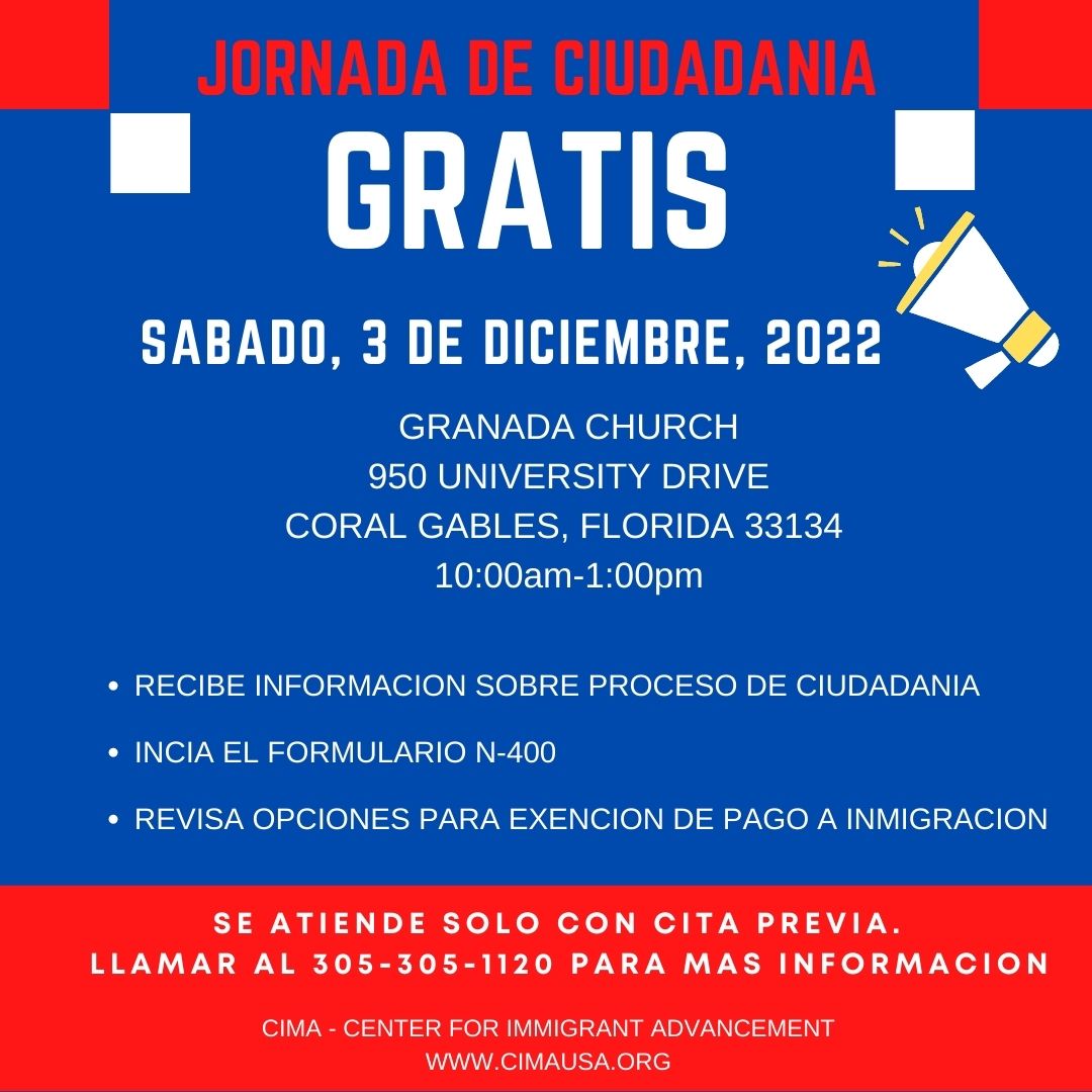 CIMAorg's tweet photo. Estan cordialmente invitados a la ultima Jornada de Ciudadania del 2022!  No dejes para mañana lo que puedas hacer hoy!  Prepara tu aplicacion de ciudadania antes que se acabe el año! Registrate hoy llamando al 305-305-1120!  #ciudadania #uscis #inmigracion #naturalizacion https://t.co/hPYUv4zKRi