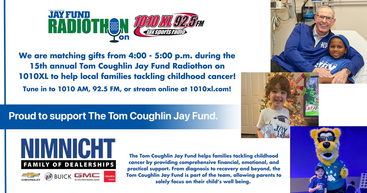 Nimnicht Auto (@nimnichtjax) on Twitter photo It's #GivingTuesday! We are supporting the 15th Annual <a href="/tcjayfund/">Tom Coughlin Jay Fund</a> Radiothon on <a href="/1010XL/">1010 XL / 92.5 FM</a> LIVE Wed, Nov.30 from 4-5pm. Let's help families together! Listen on 1010AM - 92.5FM or stream 1010xl.com It's #GivingTuesday! We are supporting the 15th Annual <a href="/tcjayfund/">Tom Coughlin Jay Fund</a> Radiothon on <a href="/1010XL/">1010 XL / 92.5 FM</a> LIVE Wed, Nov.30 from 4-5pm. Let's help families together! Listen on 1010AM - 92.5FM or stream 1010xl.com