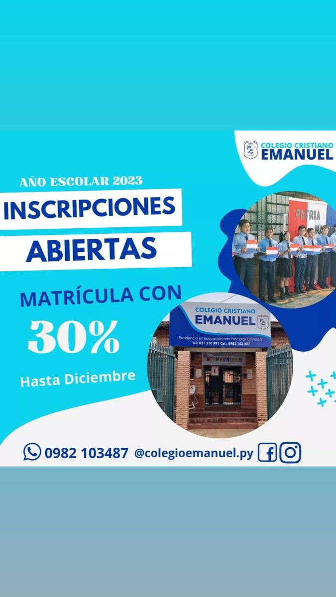 ColegiosCPIEDAD's tweet photo. ¡¡INSCRIPCIONES ABIERTAS!! ️ Para el Año lectivo 2023. Aprovecha nuestra promoción de descuento en matrícula de los Colegios Cristo es Rey, Natanael y Emanuel. O la promo de matrícula baja en caso del colegio Victoria.
Vos Mamá, Papá, ¡ya podes matricular a tus hijo/a. https://t.co/qKrg2rMMEE