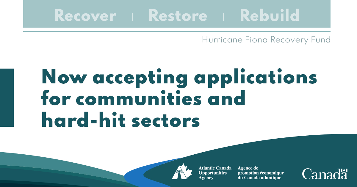 ACOACanada's tweet photo. ACOA is now accepting applications to support communities and sectors in Atlantic Canada that were hit hard by Hurricane Fiona but not eligible for other sources of financial support.
Learn more: https://t.co/7iurxLdZcz https://t.co/vJEhcstPbe