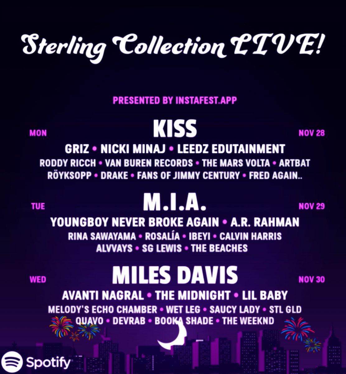 Sterling Golden (@djsterlingolden) on Twitter photo Srsly I'd pull up for this. 🤣 Especially if the Miles hologram plays something from On the Corner. #instafestapp
More fun than #SpotifyWrapped and shockingly accurate cos you know I'd be booking @KISS and <a href="/MIAuniverse/">M.I.A. ⊕ II II II</a> to headline. 😎👏 Srsly I'd pull up for this. 🤣 Especially if the Miles hologram plays something from On the Corner. #instafestapp
More fun than #SpotifyWrapped and shockingly accurate cos you know I'd be booking @KISS and <a href="/MIAuniverse/">M.I.A. ⊕ II II II</a> to headline. 😎👏