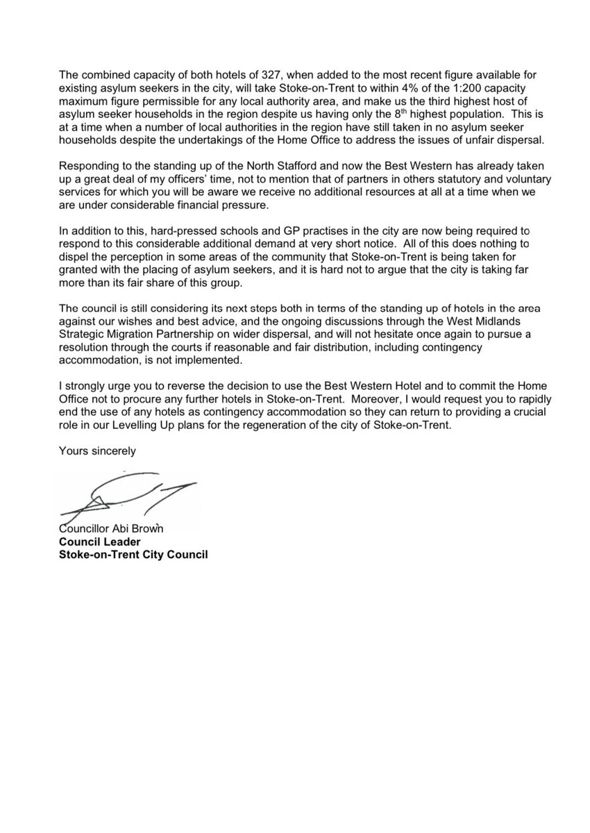 AbiBrown1's tweet photo. ✍️ I’m hugely disappointed that #StokeonTrent is being put under further pressure with another hotel being stood up for asylum dispersal.

✉️ I’ve written to @RobertJenrick today to outline my concerns for those vulnerable individuals placed here, &amp; the impact on our city. https://t.co/HLjj7j5qeQ