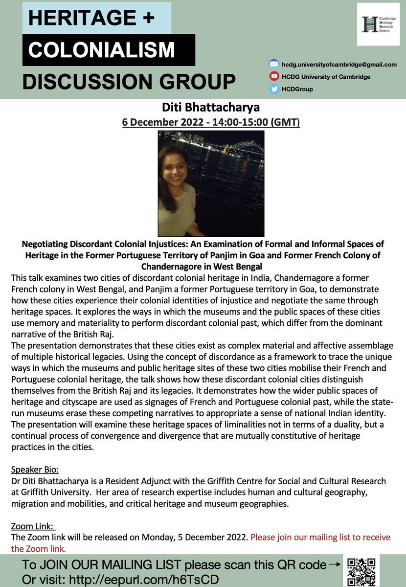 HCDGroup's tweet photo. Join us next Tuesday, December 6 to hear Diti Bhattacharya on ‘Negotiating discordant colonial injustices: an examination of formal and informal spaces of heritage in the former Portuguese territory of Panjim in Goa and former French colony of Chandernagore in West Bengal’. https://t.co/QWxbTU97G6