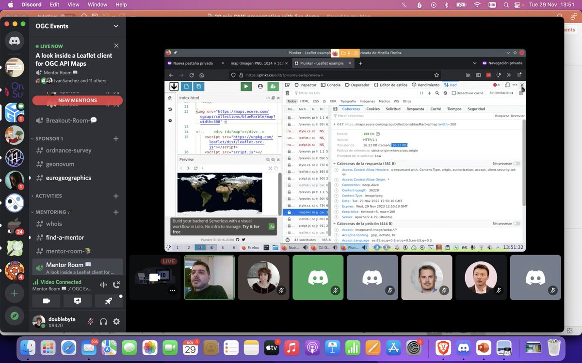 doublebyte's tweet photo. "Be mindful of how much information you are requesting through the network, when you draw a map" - 🐘IvanSanchez@mastodon.social at the #mentorstream of #OGCAPI #CODESPRINT19 #tutorial #leaflet #GIS #Maps #javascript https://t.co/2VVjnKcMEA