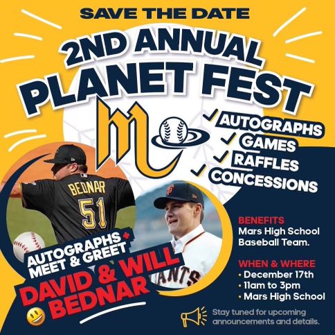 📢🚨YOUTH BASEBALL COACHES🚨⚾️
There is a 💯FREE Youth Baseball Coaches clinic with Mars HS baseball coaching staff 10am @ Mars HS before the doors to Planet Fest open @ 11am. Topics include hitting, fielding and throwing, pitching, and practice planning 
Hope to 👀 there