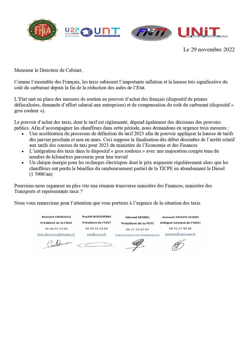 NationaleFnti's tweet photo. Courrier adressé au directeur de cabinet, Alexis https://t.co/RAHnImusPa me paraît nécessaire de lui rappeler que les taxis subissent l’importante inflation et la hausse très significative du coût du carburant, sans oublier que d'être intégré dans le dispositif « gros rouleurs ». https://t.co/ppu0aBgVFr