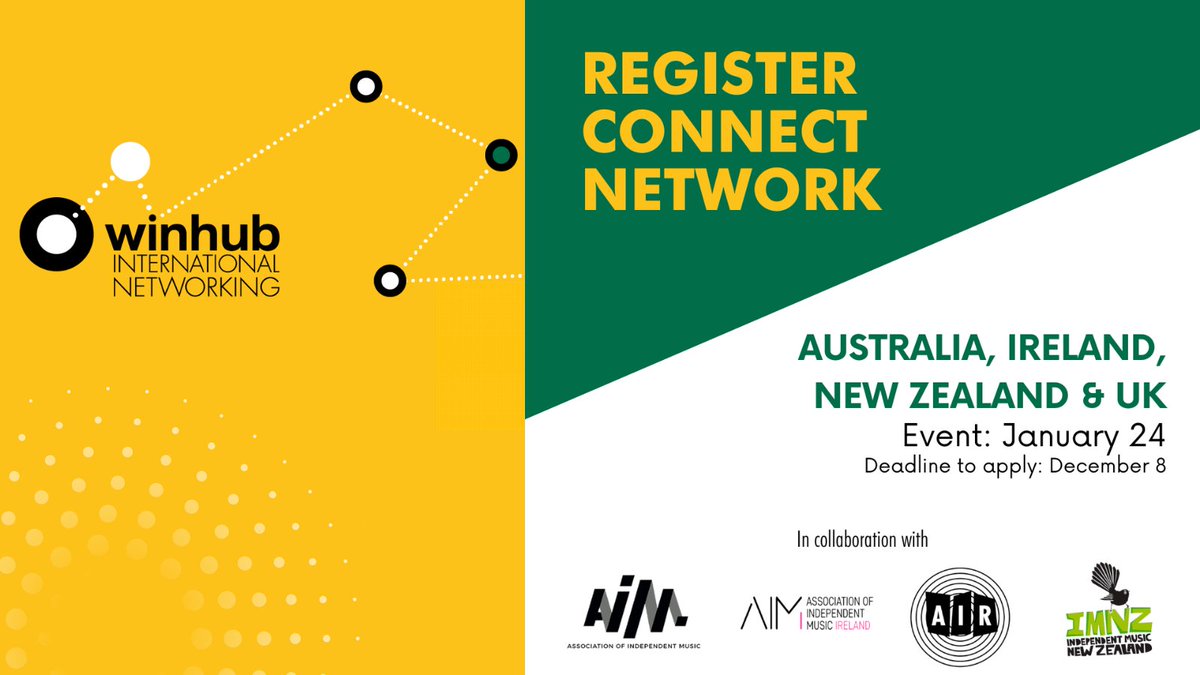 Are you an independent music company based in Australia 🇦🇺, Ireland 🇮🇪, New Zealand 🇳🇿 or the UK 🇬🇧? Register, Connect and Network in our #WINHUB international networking event on Jan 24! 

✍️ Deadline to apply is December 8. Ask your local association for the registración link.