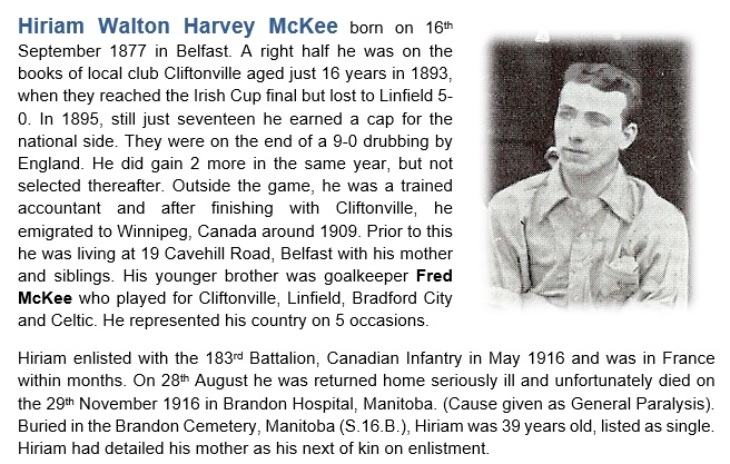 JefferzWilli's tweet image. Hiriam McKee from Belfast-emigrated to Canada
183rd  Canadian Infantry
Died this day 1916 of Paralysis in Manitoba Hospital
Footballer Cliftonville FC
My article attached with the Irish team photo 1895, his Attestation paper and death info document.