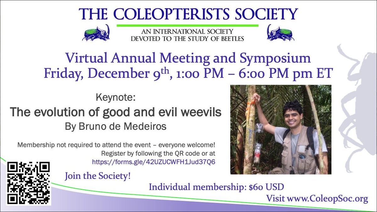 Our Virtual Annual Meeting and Symposium is happening next week, Dec 9th! Featuring a keynote lecture by @brunoasm and member symposium. Membership not required to attend but you must register beforehand! Register here: docs.google.com/forms/d/e/1FAI… #Beetle #Beetles #Coleoptera