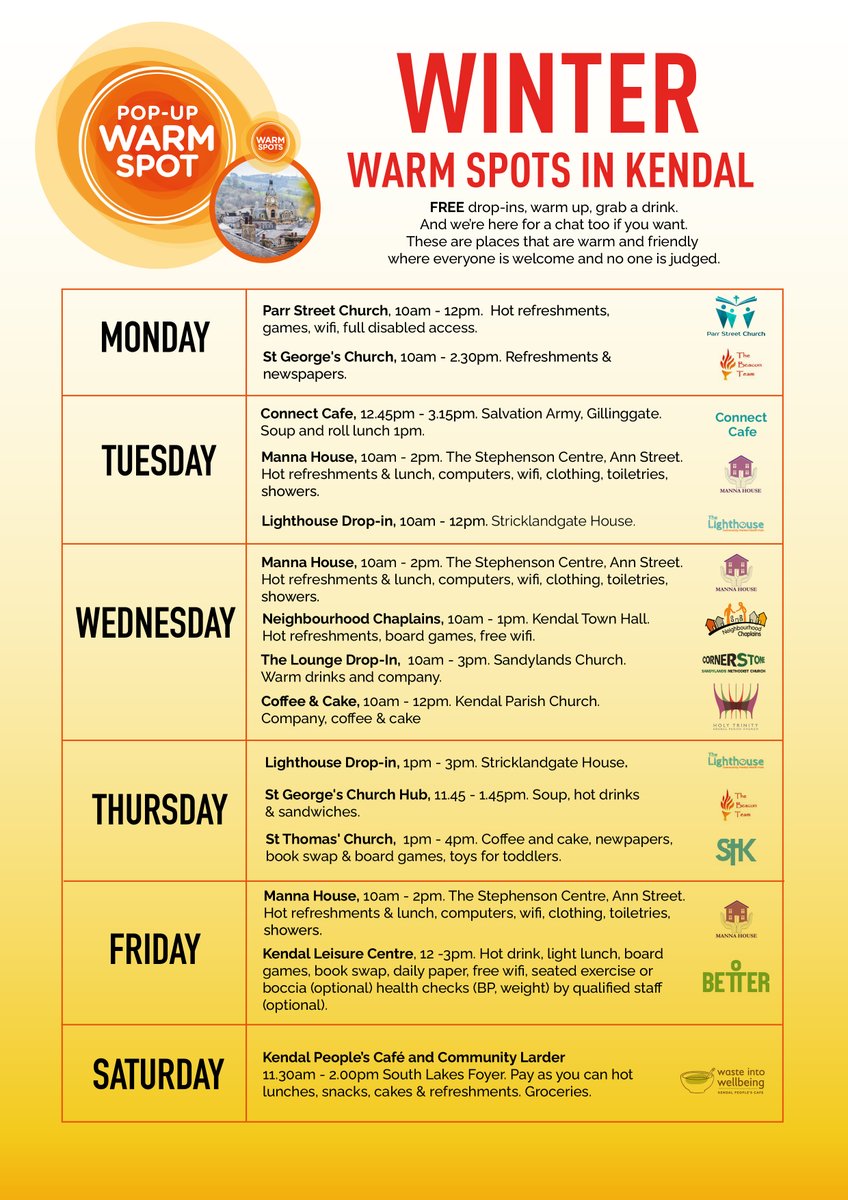 Supergios's tweet photo. This Winter #kendalwarmspots have it covered! There's so many places you can go, get support, keep warm and get a brew! Please spread the word! @gazettenewsdesk @BBC_Cumbria @neil_billo @MannaHouseKendl @KendalParish @CarlisleDiocese @Better_UK @lighthouse_hub @timfarron https://t.co/cSDHZkIBmN