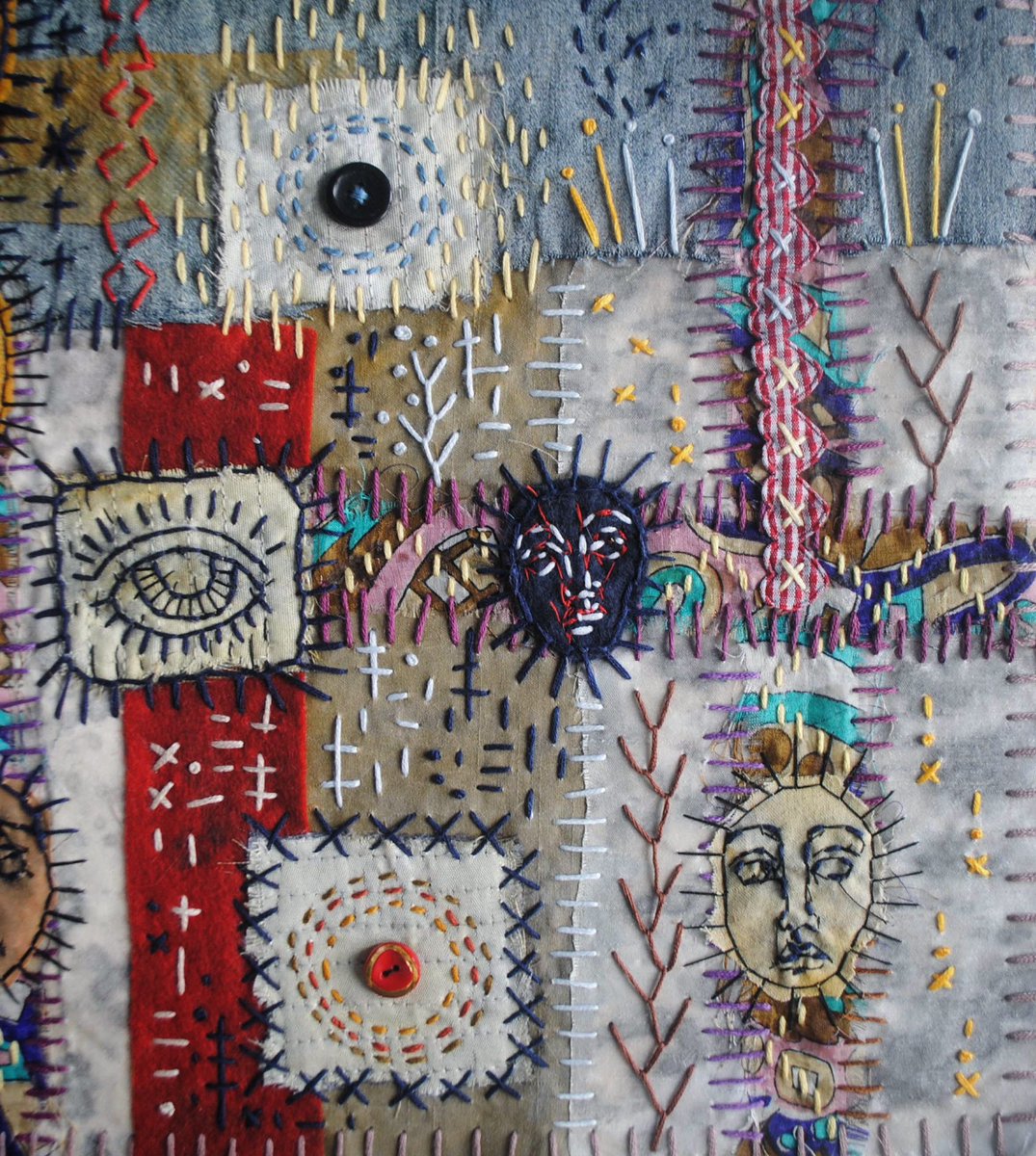 Closeups of a recent stitched textile collage ‘Naughts and Crosses’.

.. 

#stitchedart #roughembroidery #outsiderart #textileart #patchwork #textilecollage #faceembroidery #texturedart #primitiveart