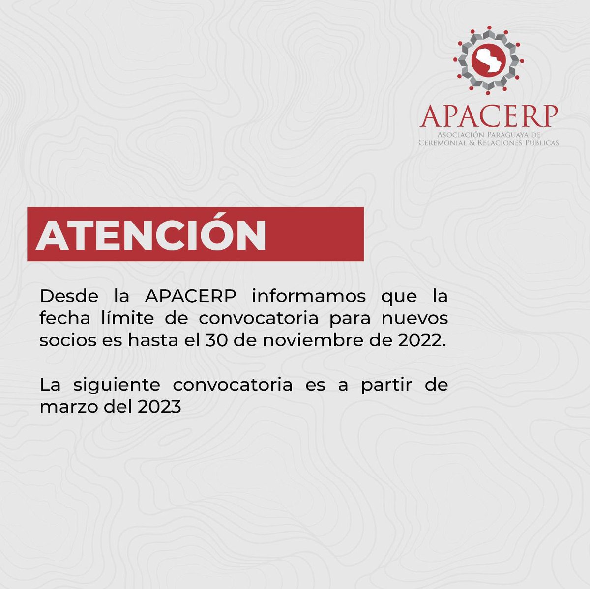 👋 Recordamos que tienen tiempo hasta el 30/11/2022 de solicitar el formulario de inscripciones para asociarse a la APACERP 

👉Posterior a este periodo les invitamos a seguir pendientes en las redes sociales donde informaremos la nueva convocatoria 2023
Gracias por su interés 🤝