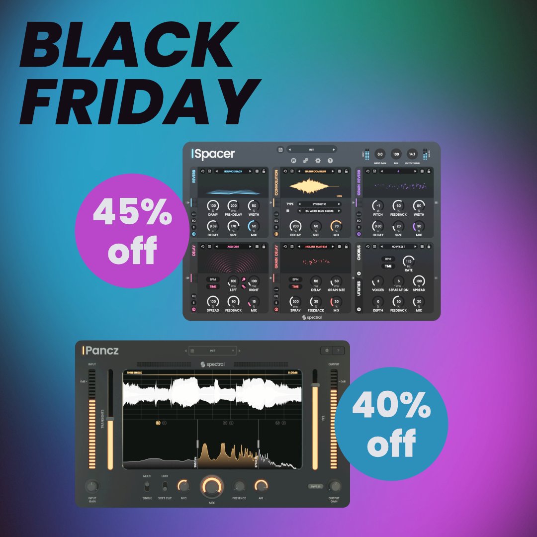 SpectralPlugins's tweet photo. Save 45% on Spacer, our modular reverb and delay plugin 🪐 and 40% on Pancz, our multi band transient shaper 🥁 Link in bio! https://t.co/wyZfamCeX8