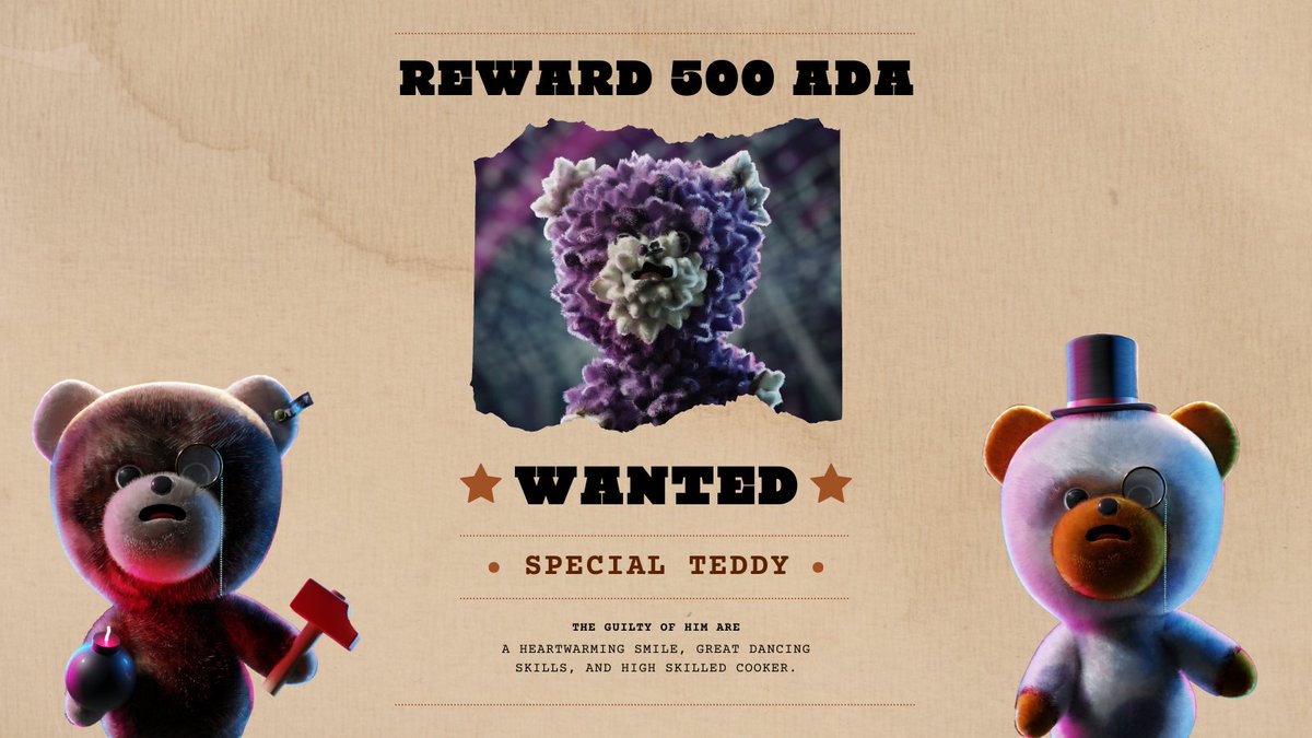 We're giving away 3x 200 ADA to a random mint address and 500 ADA bounty for a special Teddy. 🧸

To mint:
➡️ teddysquad.io

#CNFT #CNFTCommunity #CNFTProject #CNFTs