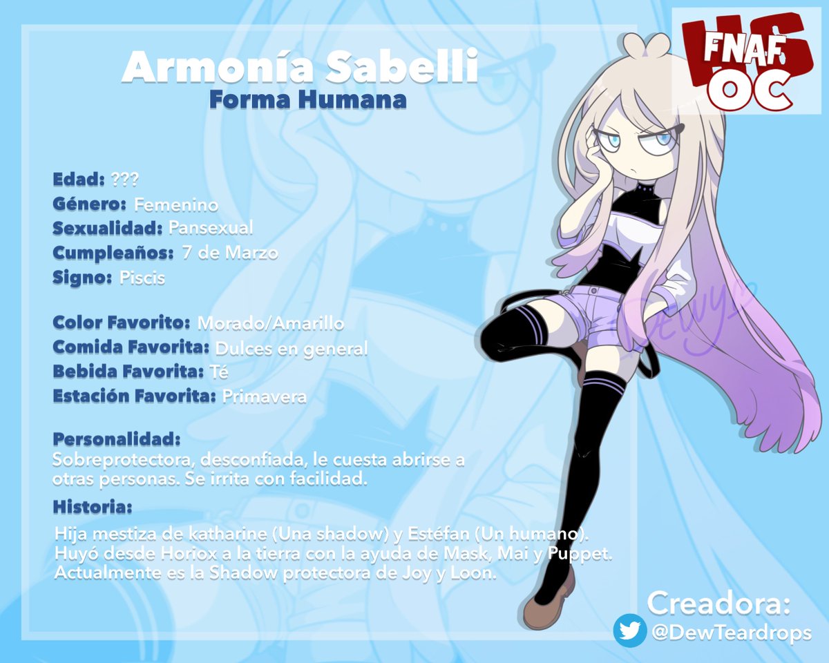DewTeardrops's tweet photo. Nueva y renovada ficha para Armonía. Mi vieja OC de #FHS
Las palabras y personajes que no conozcais, pertenecen exclusivamente al viejo Au: The Shadow's Horiox.
Cuando salga la serie nueva, haré una versión para la misma.
#Ocs #Fnafhs #FhsOcs https://t.co/seYbdPqOgw
