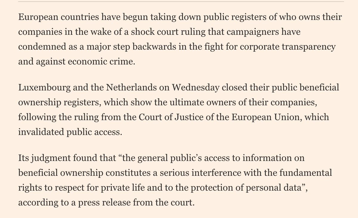 17/20 Last week the Court of Justice of the European Union sided with ‘WS’, and since its decisions apply to all union members, 27 member states have to close down their UBO registers. The Netherlands, Austria and Malta already did. Rest to follow.