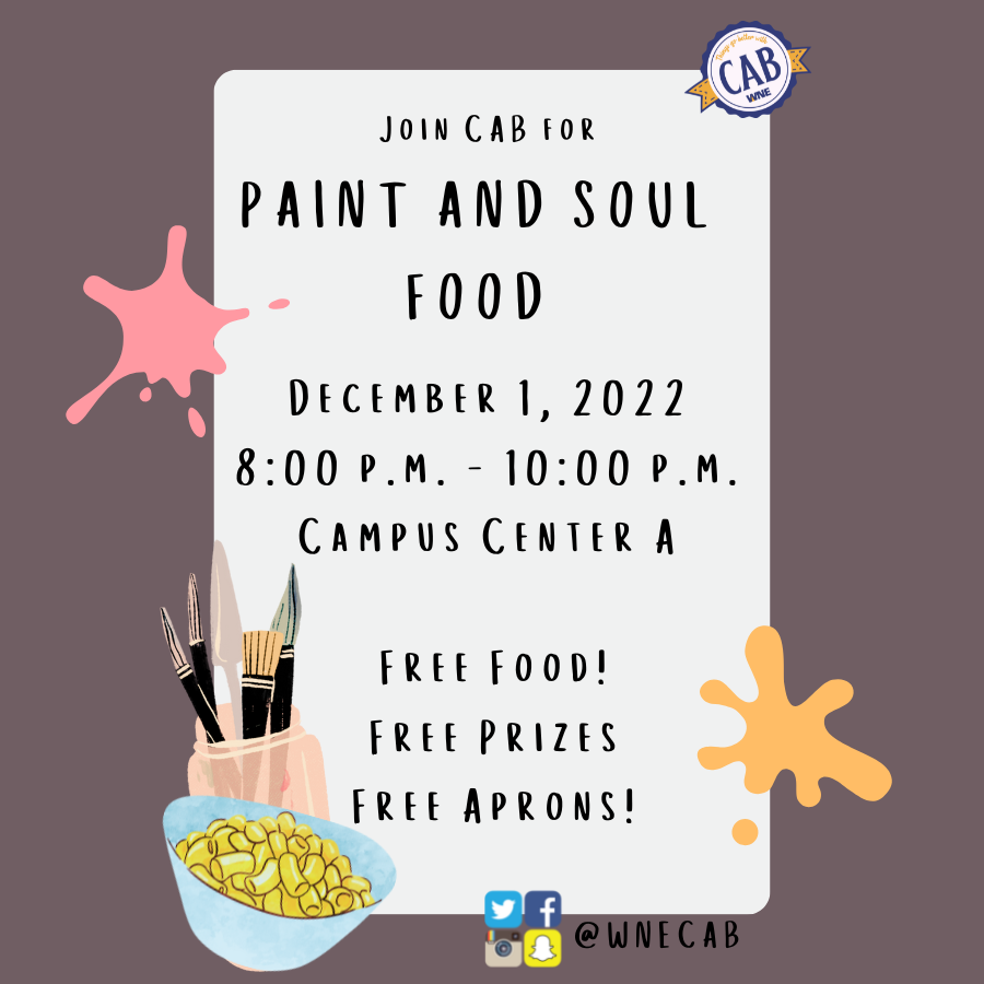 WNE_Involvement's tweet photo. Join CAB for Paint and Soul Food, where there will be free food, prizes, and aprons! https://t.co/a3mhjdLQOr