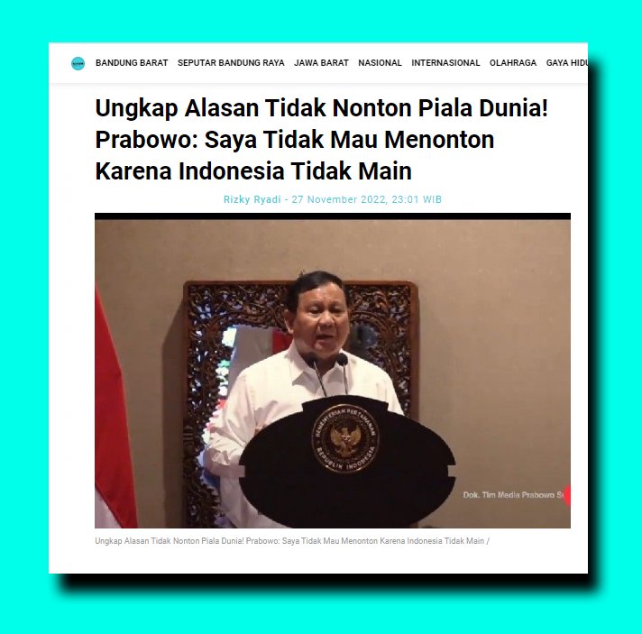 JournalisSocmed's tweet photo. Menteri Pertahanan Republik Indonesia tersebut mengatakan tidak mau menonton Piala Dunia karena Timnas Indonesia belum ikut serta dalam gelaran tersebut.
.
.
https://t.co/cPN5l1lyER

Prabowow | Piala Dunia | Kediri | Cianjur https://t.co/PsJbETYppB