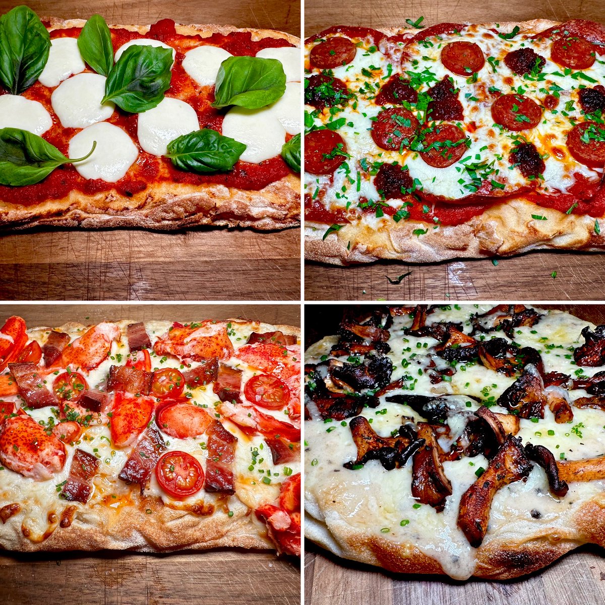 Clockwise from upper left: Margherita, Triple Pepperoni, Chanterelle and white truffle béchamel, or Lobster and Nueskes Bacon, which would you take?