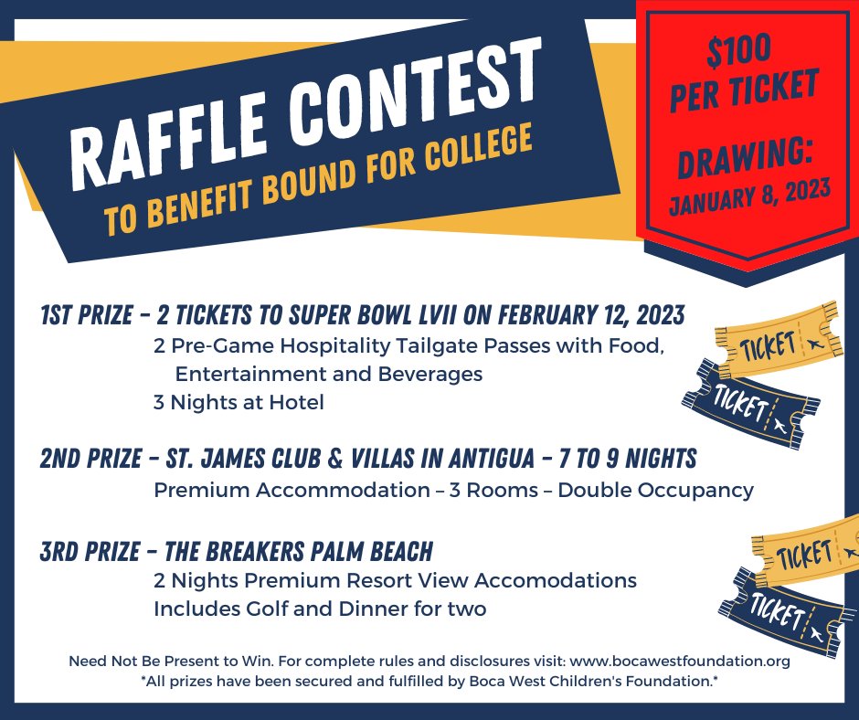 BoundForCollege's tweet photo. Thanks to our friends at #BocaWestChildrensFoundation, the raffle is back, and you could win a trip to the Super Bowl!  Get your tickets now on this #GivingTuesday, or anytime throughout the holiday season! 💙🤍
https://t.co/lClGOi5m1A https://t.co/SYMV0cavPj
