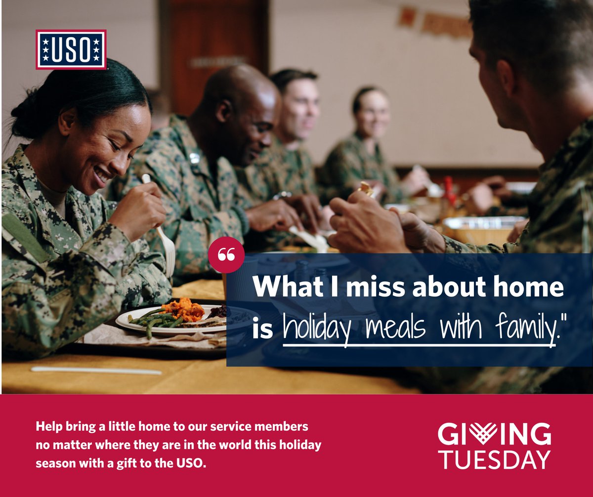 It’s #GIVINGTUESDAY! Take time right now to give back to those service members who cannot be home with their loved ones this holiday season. Send your love and support to our military with a Giving Tuesday donation to the USO here: USO.org/giveback