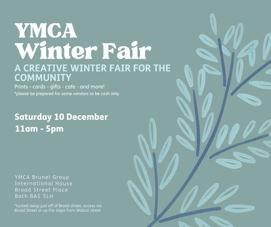 Join us Saturday, 10 December, for our Winter Fair! The fair will take place in YMCA Bath in our dining and conservatory area - there will be coffee/tea and cake!

#winterfair #christmasmarket #bathatchristmas #localcharity #printfair #holidays #localartist #localartists