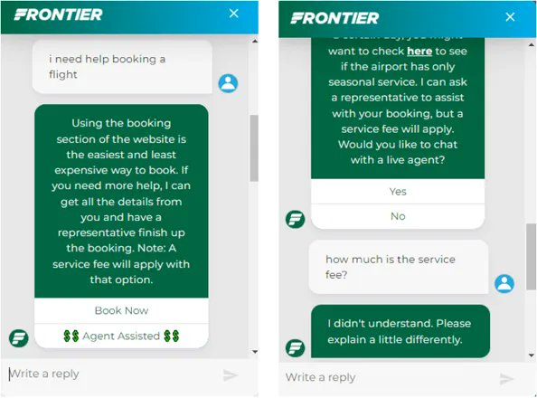 jmaxball's tweet photo. I'm late to this discussion but I can't resist. Folks are lauding @FlyFrontier for their #digitalfirst approach to #CustomerService. This is saving a buck in the wrong place. Charging to get a human? #OUCH. The worse the economy, the more of this we'll see. #chatbotHell #IVRHell https://t.co/ffc9dQzXVz