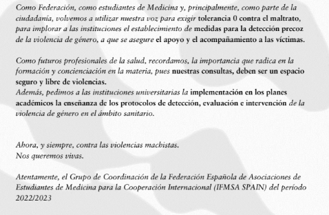 Con motivo del 25 de Noviembre, Día Internacional por la Eliminación de la Violencia de Género, desde IFMSA Spain hemos publicado un comunicado. 

¡Requerimos formación en materia de detección e intervención de la VdG en nuestras consultas!

instagram.com/p/ClZpzbZtAnD/…