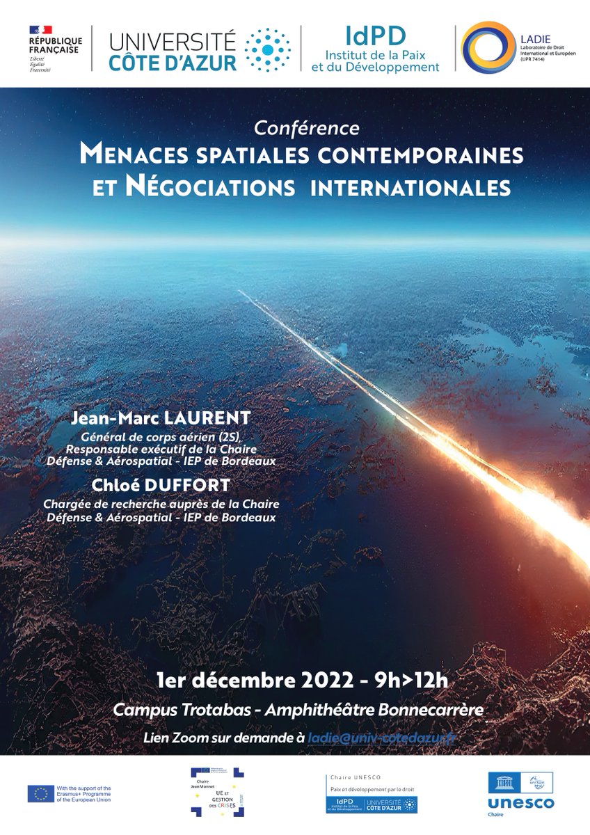 Julien Ancelin (@julien_anc) on Twitter photo Très heureux d'accueillir, au sein du LADIE et de la Chaire Jean Monnet de l'@UCA, <a href="/aeris_news/">Jean-Marc LAURENT - Aerospace & Defense</a> et <a href="/chloe_duffort/">Duffort Chloé</a>, pour une conférence (en format hybride, accès Zoom sur demande) ce jeudi 1er décembre à 9h sur les menaces spatiales contemporaines.ladie.univ-cotedazur.fr Très heureux d'accueillir, au sein du LADIE et de la Chaire Jean Monnet de l'@UCA, <a href="/aeris_news/">Jean-Marc LAURENT - Aerospace & Defense</a> et <a href="/chloe_duffort/">Duffort Chloé</a>, pour une conférence (en format hybride, accès Zoom sur demande) ce jeudi 1er décembre à 9h sur les menaces spatiales contemporaines.ladie.univ-cotedazur.fr