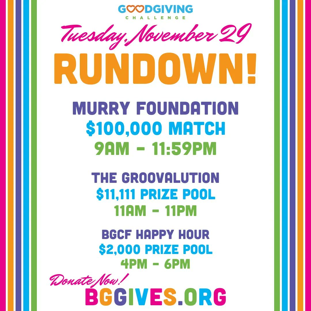 It's Giving Tuesday &amp; the 12th Annual #GoodGivingChallenge is FINALLY here! 🎉 Join the FUNraising &amp; donate to your favorite nonprofits today! Your gift can be amplified by these matches &amp; prizes. Get ready. Get set. GIVE! ➡️BGgives.org #BGgives #JointheFUNraising