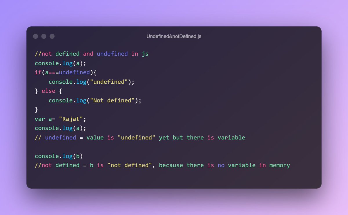 5iddhh's tweet photo. Day 4: not defined vs undefined in js

#100daysofcodechallenge #100daysofcode 

#javascript #javaprogramming https://t.co/GaDYNDqYnu