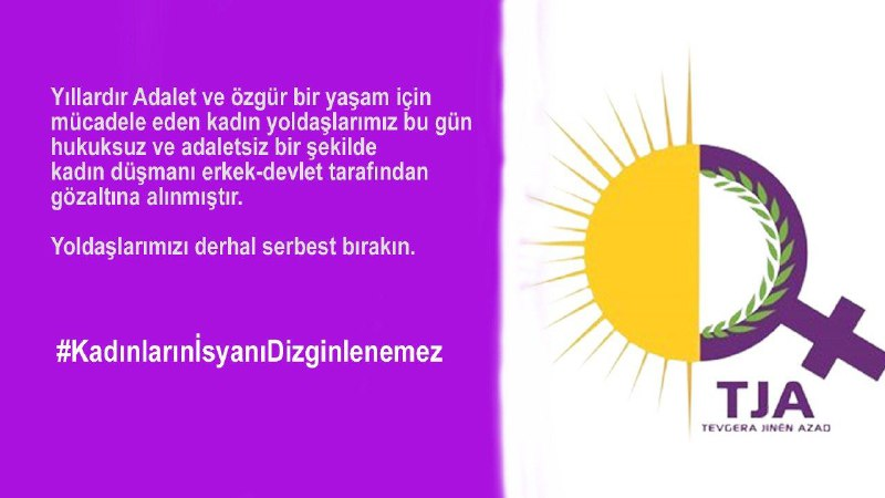 JinenTja's tweet photo. Kadın Hareketimize ve özgürlük mücadelemize yönelik sindirme politikaları kabul etmiyoruz ve erkek-devletin kararını da tanımıyoruz.
Yoldaşlarımızı derhal serbest bırakın!

#KadınlarınİsyanıDizginlenemez https://t.co/BlxxKQYM0j